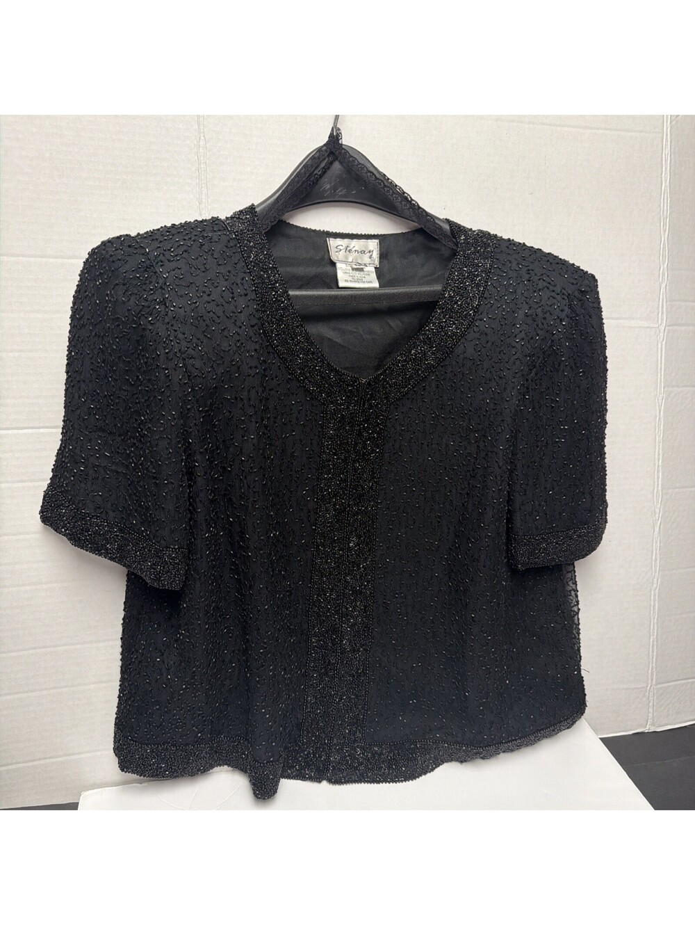 Stenay Evening Jacket Medium Black Short Cropped Silk Beaded  VTG Party Wear